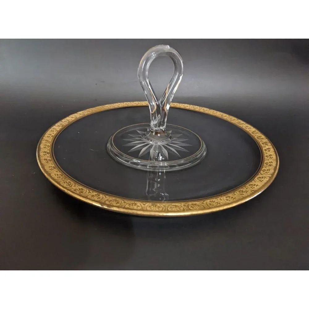 Vintage serving tray clear‎  glass gold trim handle   tidbit candy entertaining